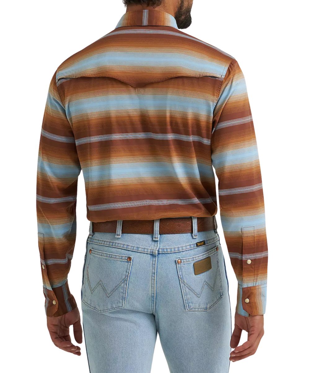 Back view of the men's long sleeve sepia striped snap shirt featuring the vented back yoke with a mesh lining