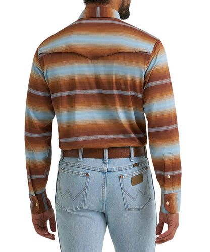 Back view of the men's long sleeve sepia striped snap shirt featuring the vented back yoke with a mesh lining