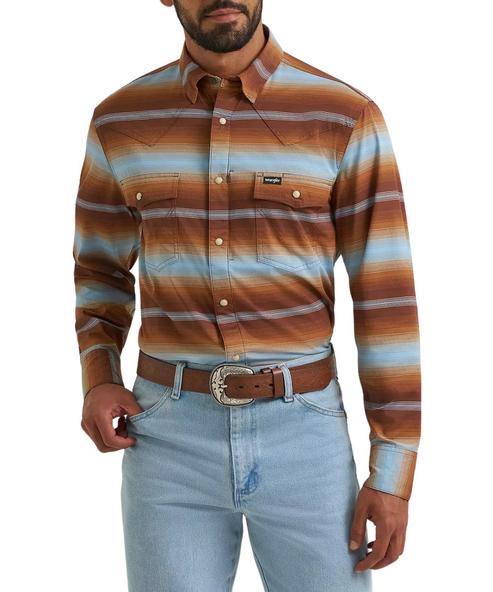 Front view of the men's Wrangler All Terrain Gear Sepia Striped Technical Snap Shirt featuring the chest pockets, striped print, and western yokes