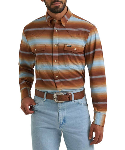 Front view of the men's Wrangler All Terrain Gear Sepia Striped Technical Snap Shirt featuring the chest pockets, striped print, and western yokes