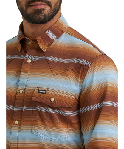 Close-up view of the sepia stripe print on the men's technical atg snap shirt featuring the upf 40+ protection, moisture wicking and quick drying properties