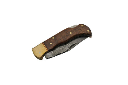 Double D Damascus Brown Wood Handle Lock Back Pocket Knife