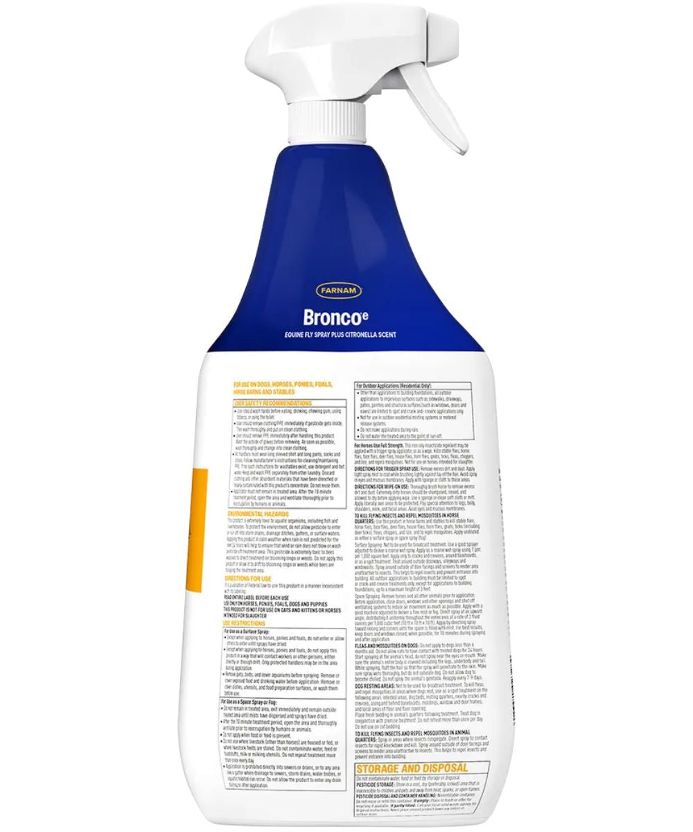Back view of the Farnam Bronco Equine Fly Spray in a 32 oz. spray bottle