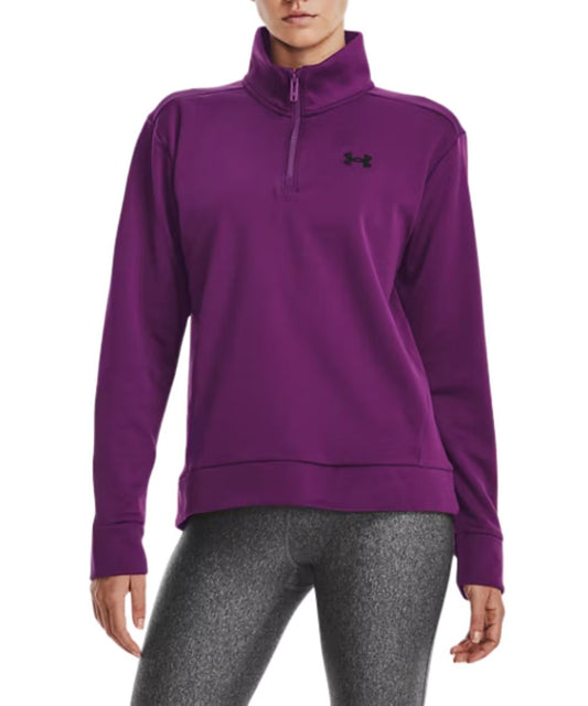 Front view of the women's purple Under Armour pullover featuring the long sleeves, mock collar, 1/4 zip closure, and the black logo at the left chest
