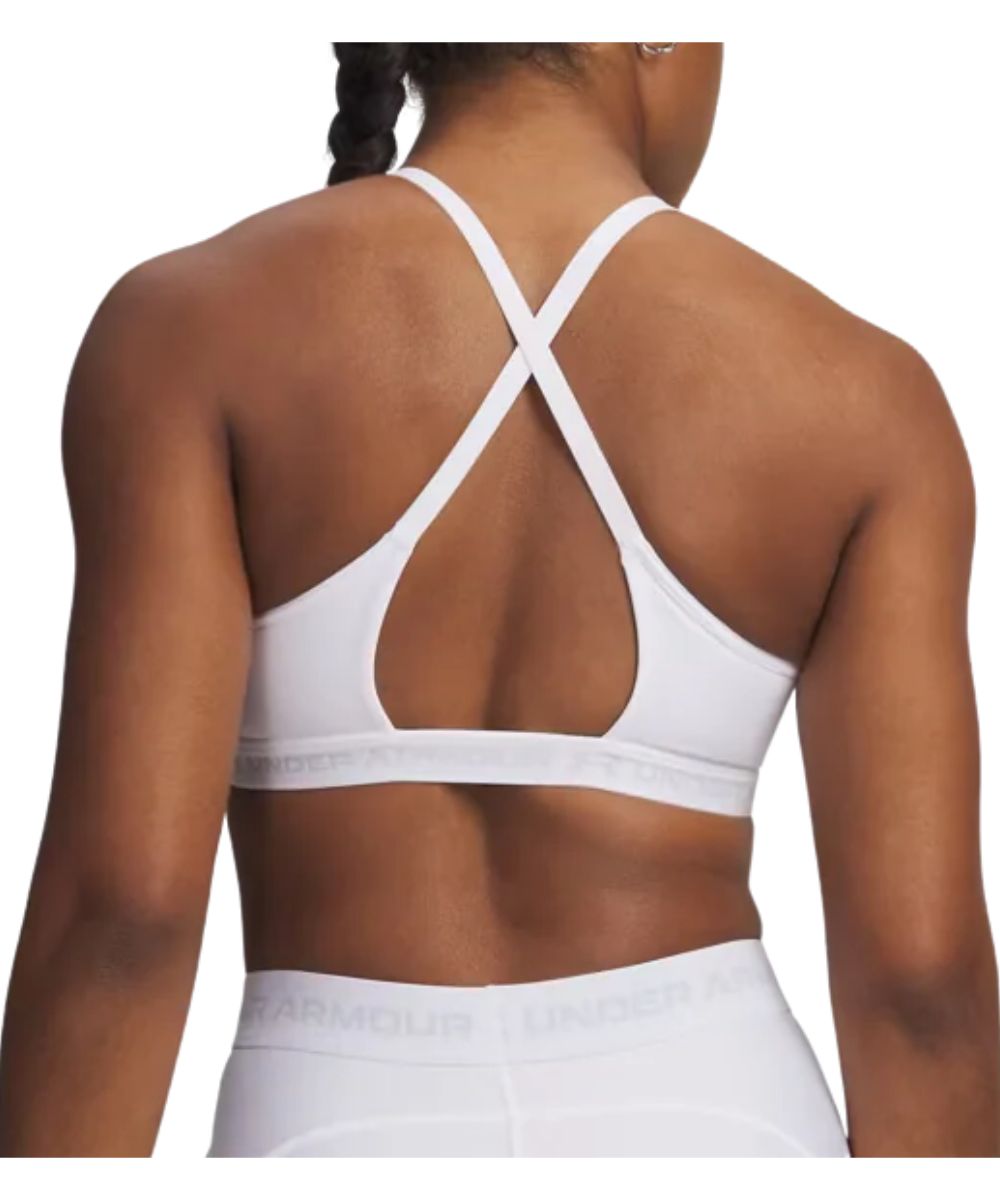 Back view of the women's white sports bra featuring the crossback straps