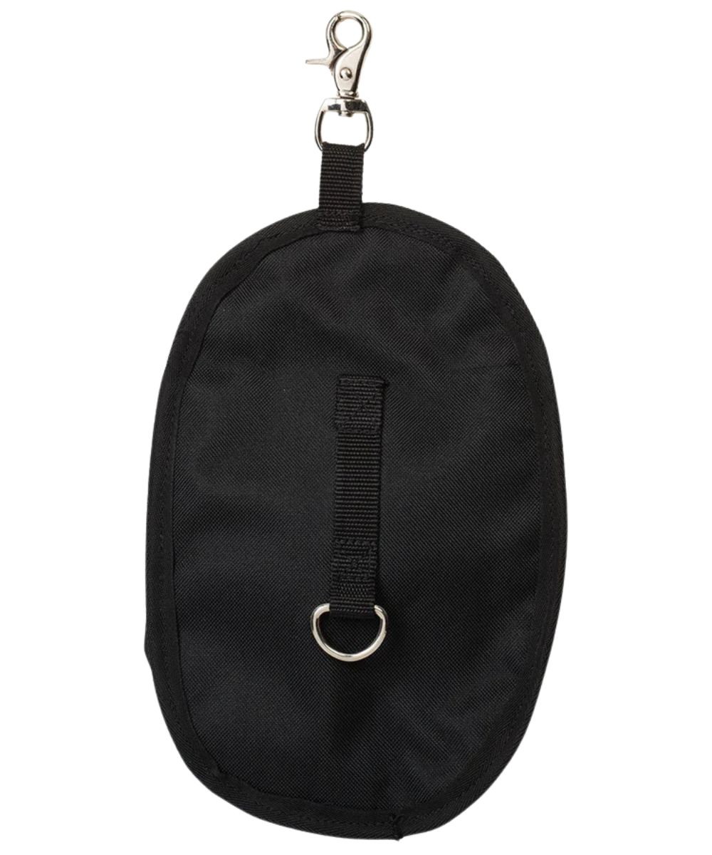 Back view of the black clip-on water bottle holster featuring the dee ring for added stability, this water bottle holster easily attaches to saddle or saddle bag