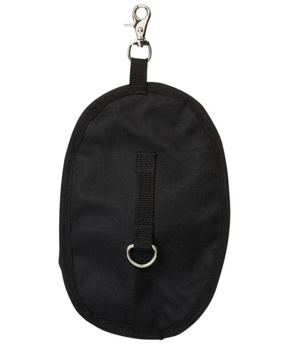 Back view of the black clip-on water bottle holster featuring the dee ring for added stability, this water bottle holster easily attaches to saddle or saddle bag
