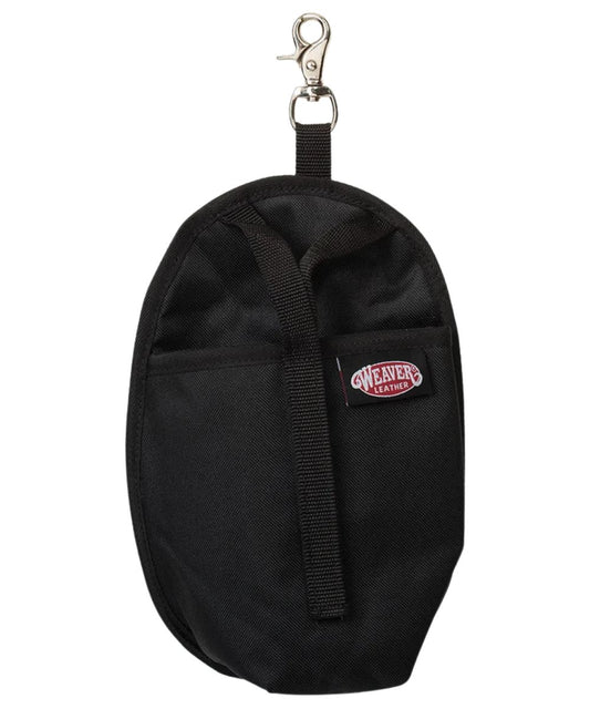 Front view of the black Weaver Leather Clip-On Water Bottle Holster featuring the webbing strap with hook and loop closure to keep your water bottle in place