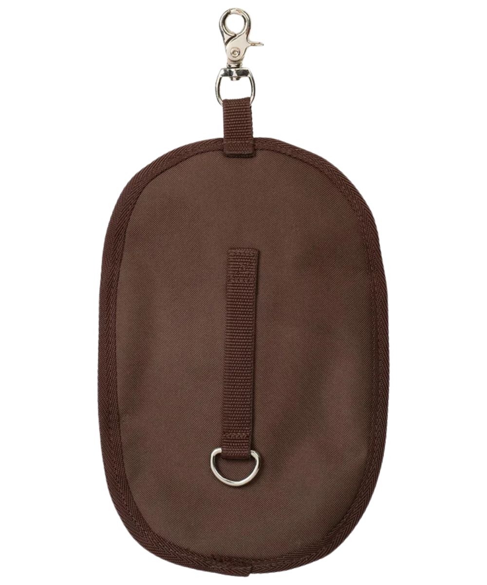 Back view of the brown clip-on water bottle holster featuring the dee ring for added stability, this water bottle holster easily attaches to saddle or saddle bag