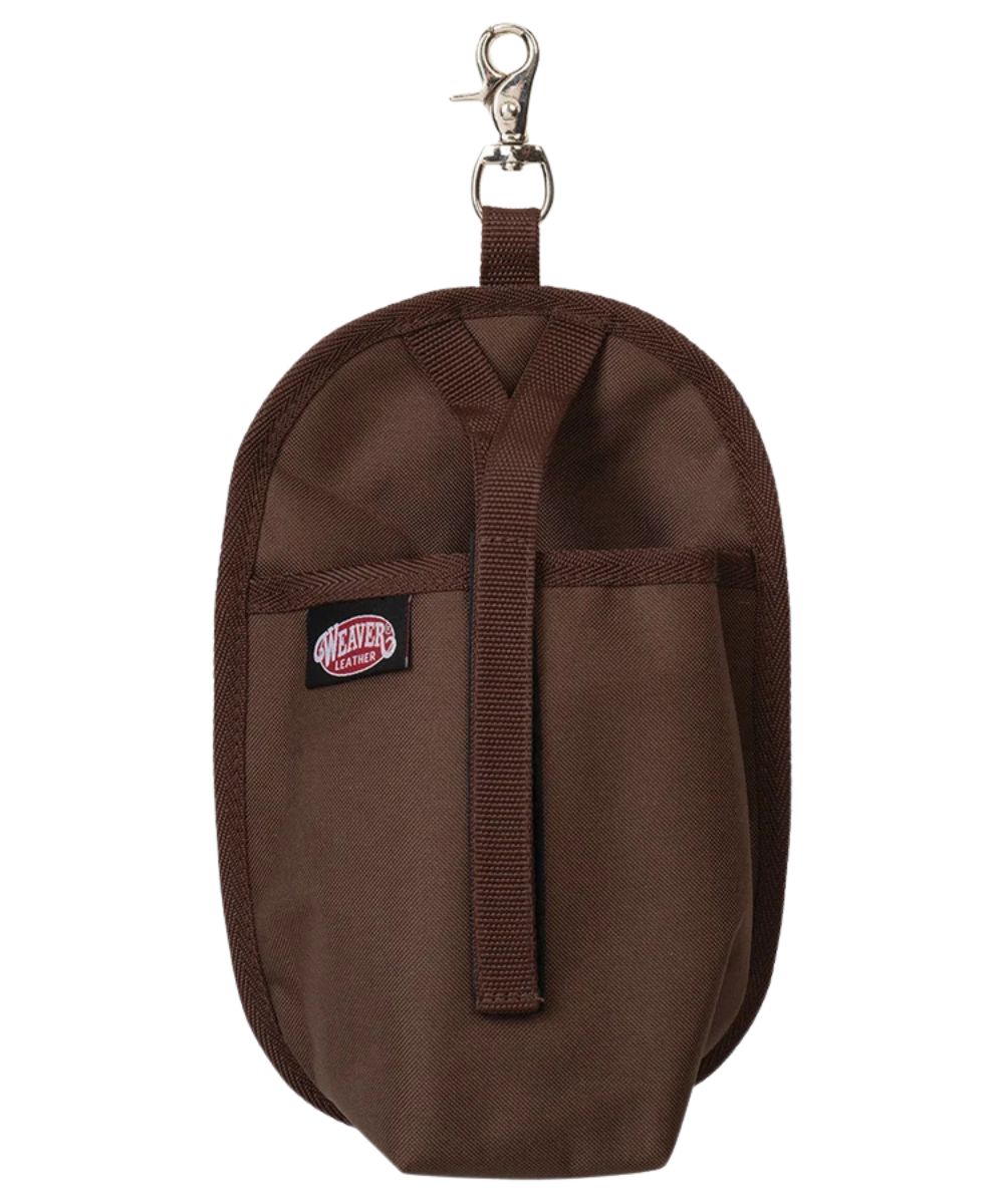 Front view of the brown Weaver Leather Clip-On Water Bottle Holster featuring the webbing strap with hook and loop closure to keep your water bottle in place