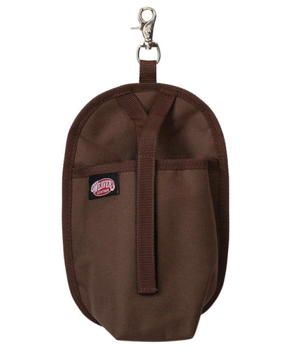 Front view of the brown Weaver Leather Clip-On Water Bottle Holster featuring the webbing strap with hook and loop closure to keep your water bottle in place
