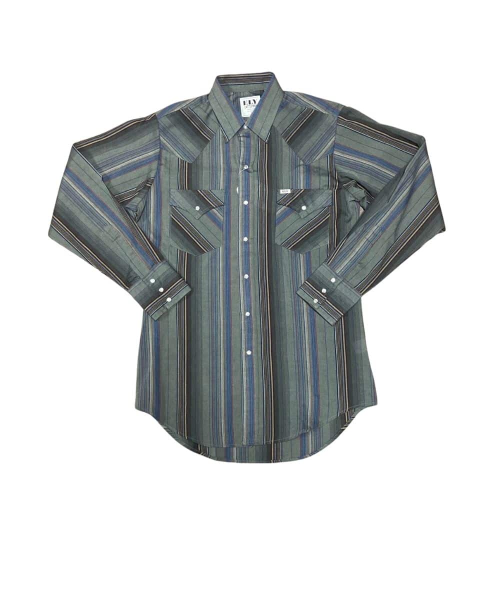 A long-sleeve western-style button-up shirt with vertical stripes in muted blue, green, gray, and brown tones, featuring two chest pockets with button flaps and silver snap buttons.