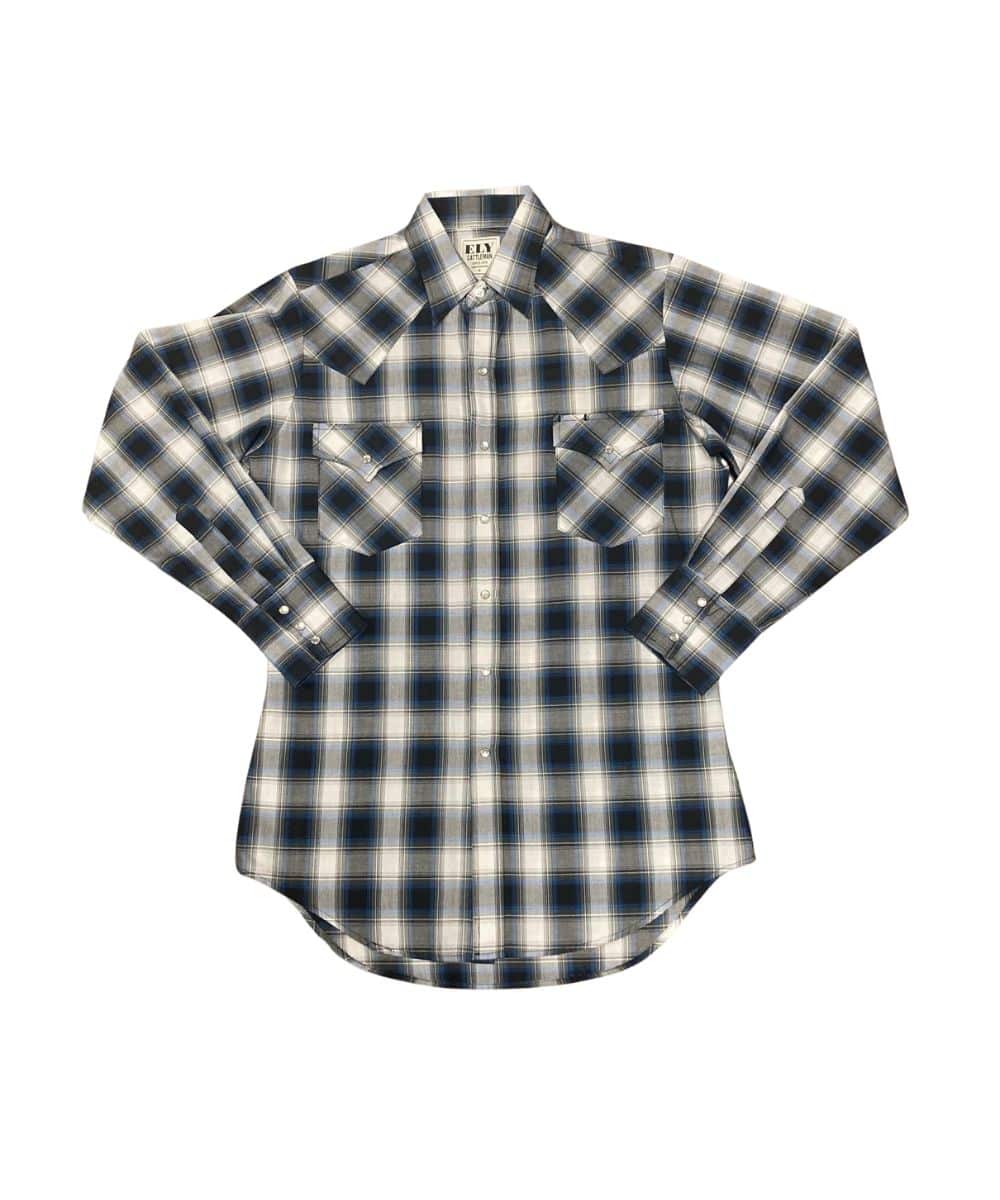 A long-sleeve plaid button-up shirt with a navy, white, and beige checkered pattern, featuring two chest pockets and buttoned cuffs, laid flat against a white background.