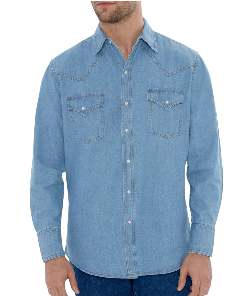 Front view of the men's long sleeve western snap shirt featuring pearl snaps, western yokes, chest pockets, and a bleached/washed denim color