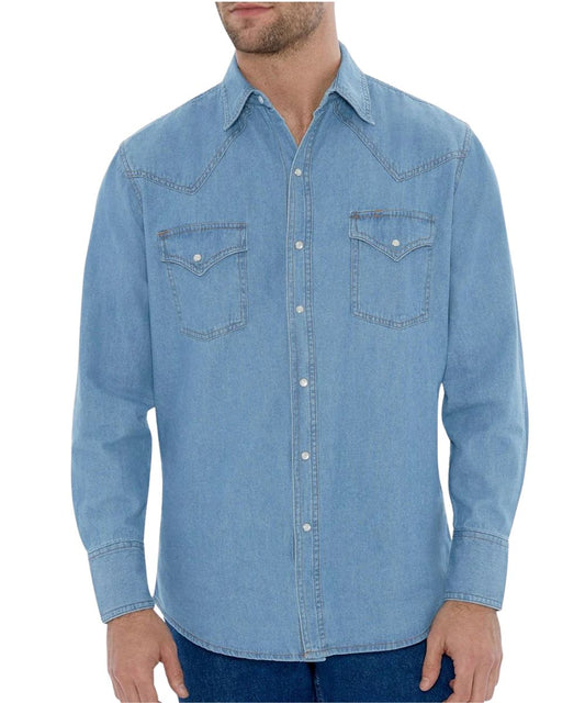 Front view of the men's long sleeve western snap shirt featuring pearl snaps, western yokes, chest pockets, and a bleached/washed denim color