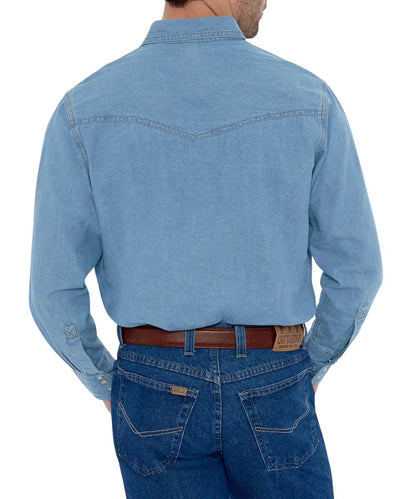 Back view of the men's washed denim snap shirt featuring a single point western yoke