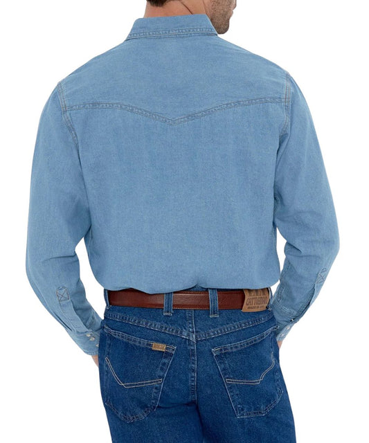 Back view of the men's washed denim snap shirt featuring a single point western yoke