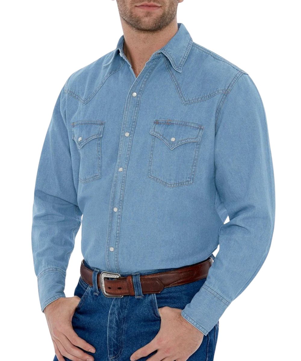 Left angled view of the men's long sleeve pearl snap shirt in washed denim