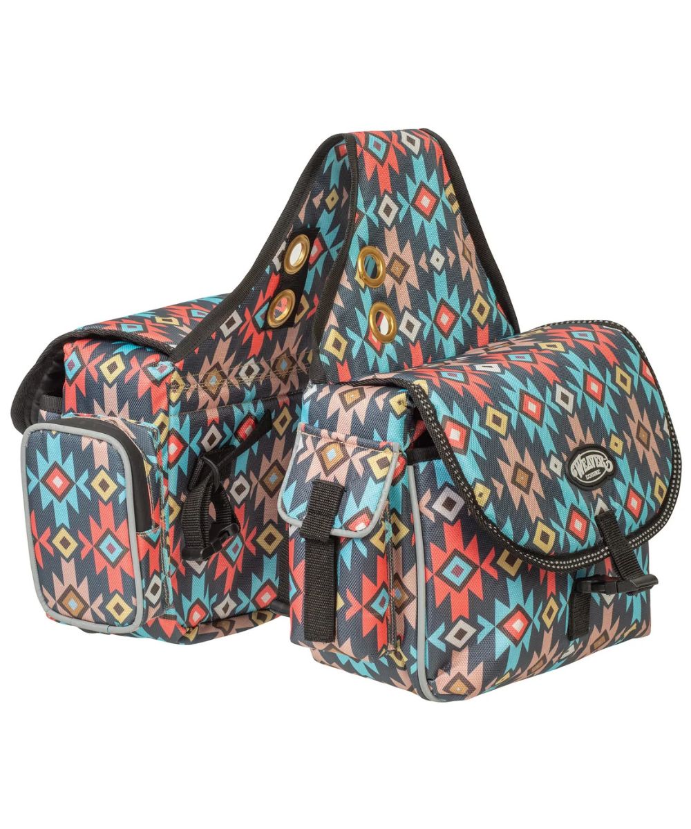 A saddle bag with a colorful geometric Southwestern design in teal, red, orange, beige, and black, shown on a plain white background.