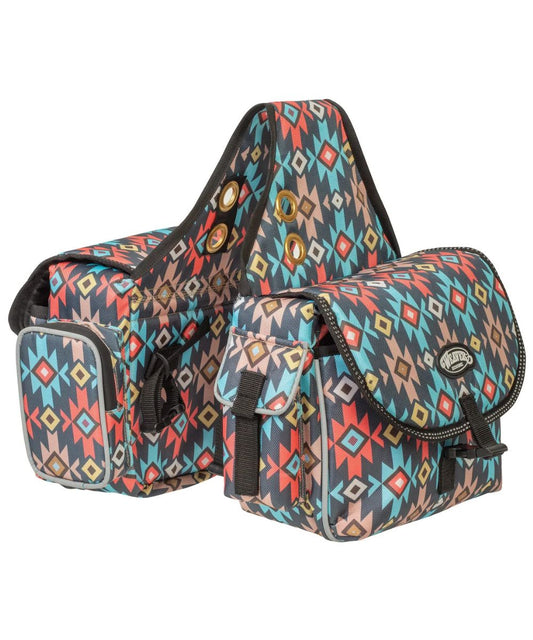 A saddle bag with a colorful geometric Southwestern design in teal, red, orange, beige, and black, shown on a plain white background.