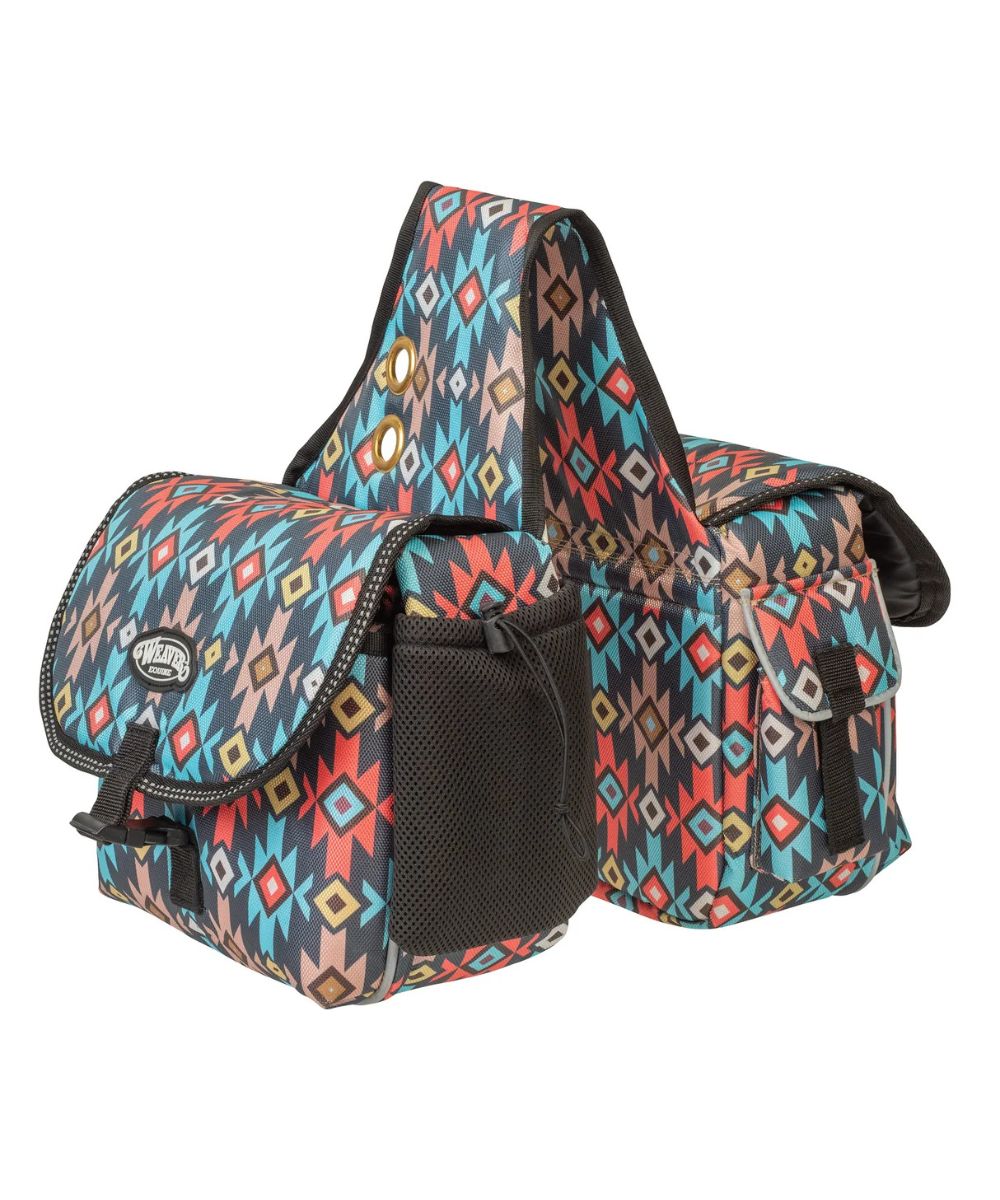 A saddle bag from the brand Weaver, featuring a colorful geometric diamond design in teal, red, yellow, and beige with black mesh and zipper details, shown on a plain white background.