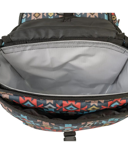 Open view of a saddle bag showing the interior lining and a colorful geometric patterned exterior, photographed on a white background.