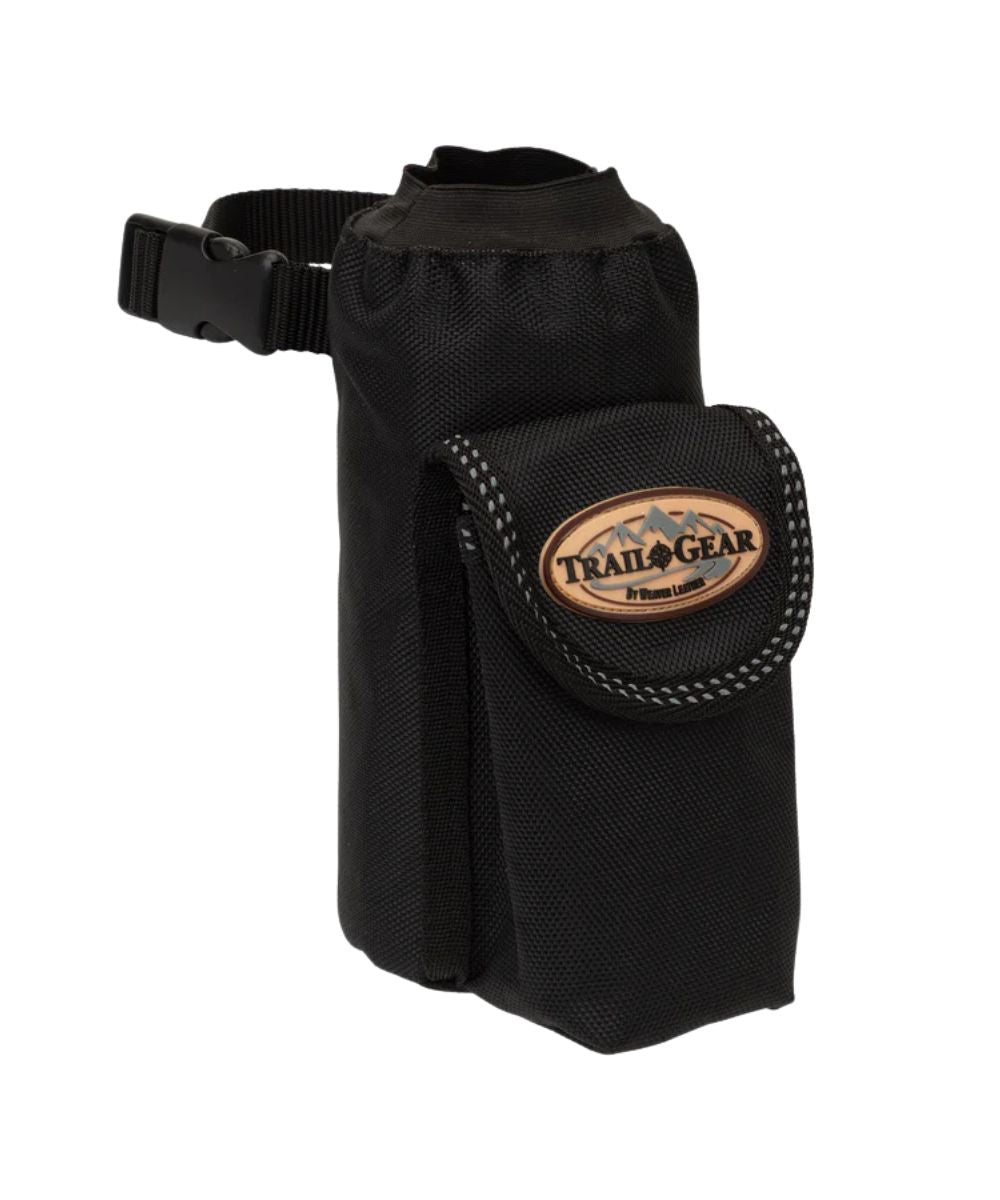 Side view of the black water bottle holder that easily attaches to your saddle