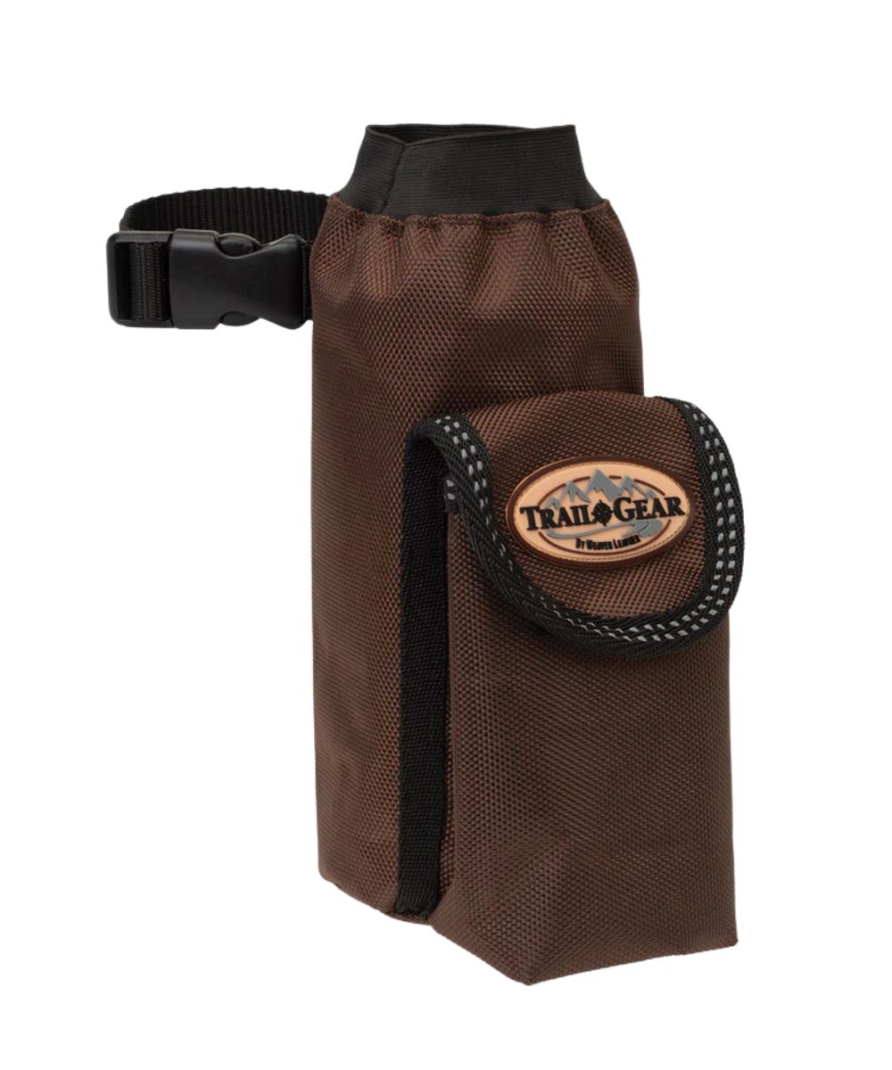 Side view of the brown water bottle holder that easily attaches to your saddle
