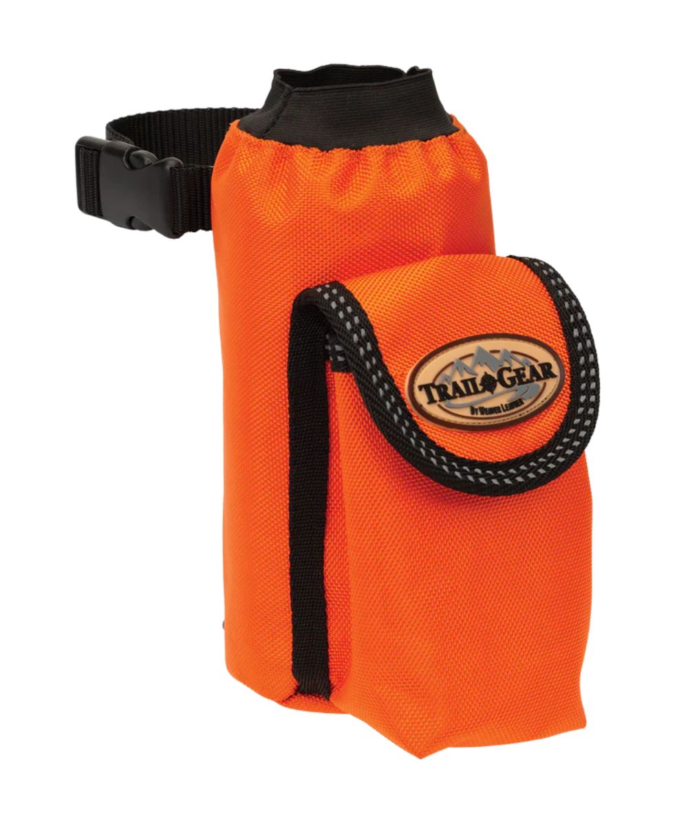 Side view of the orange water bottle holder that easily attaches to your saddle