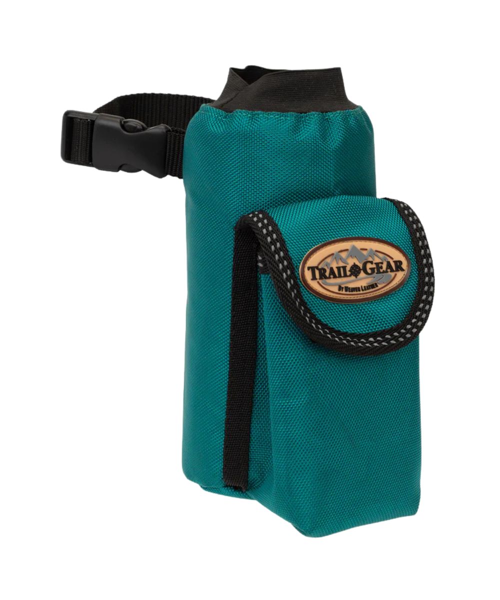 Side view of the teal water bottle holder that easily attaches to your saddle