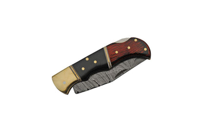 Double D Damascus Brown Black Wood Horn Handle Folding Pocket Knife