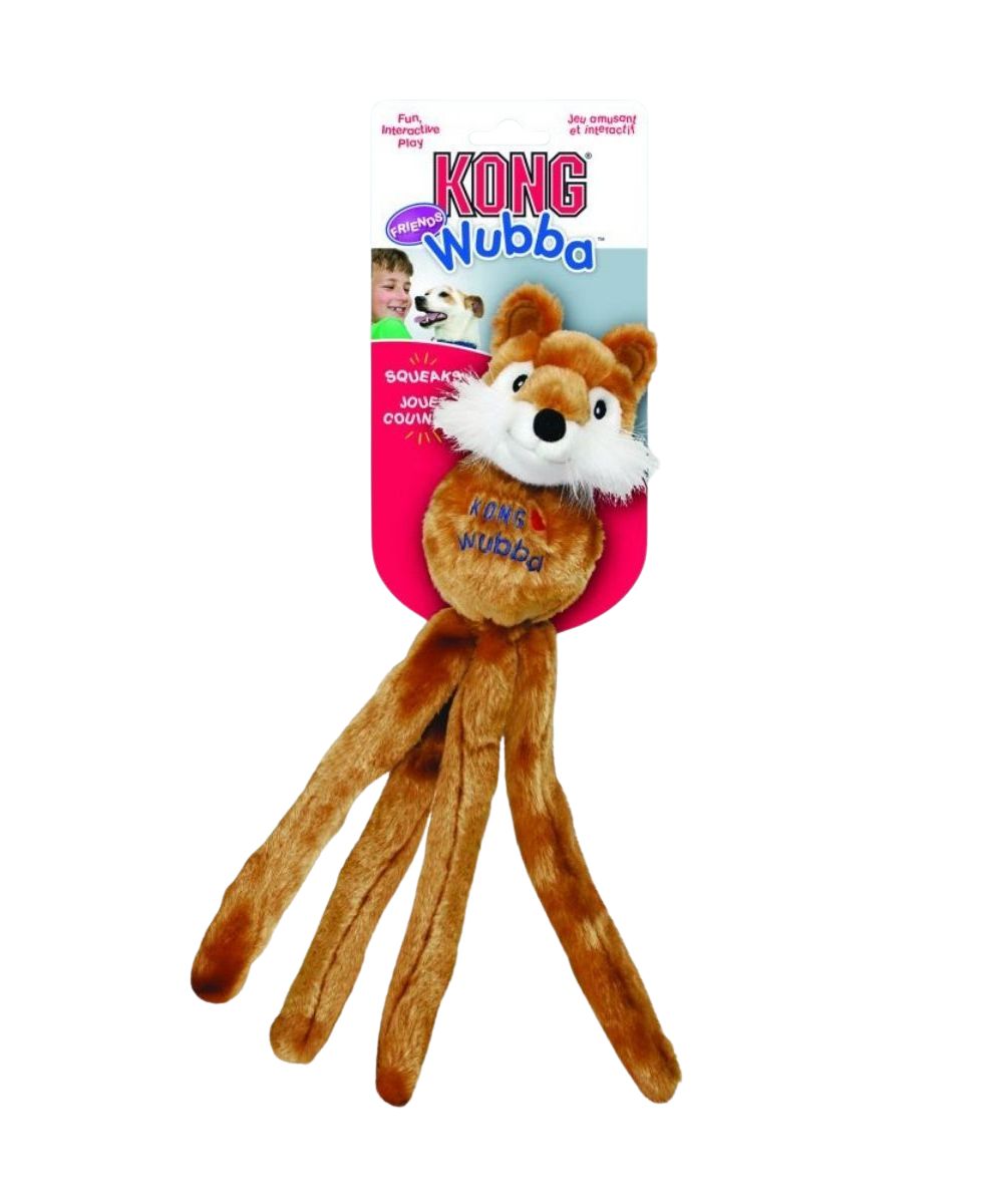 Front view of the Kong Wubba Dog Toy featuring the plush fox with a squeaky center