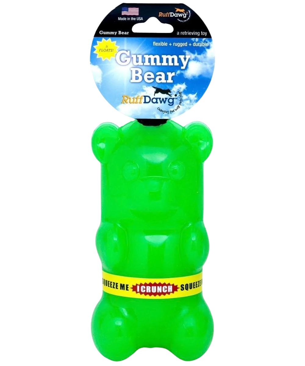RuffDawg lime green rubber gummy bear crunch dog toy contains a crunchy lining that dogs love