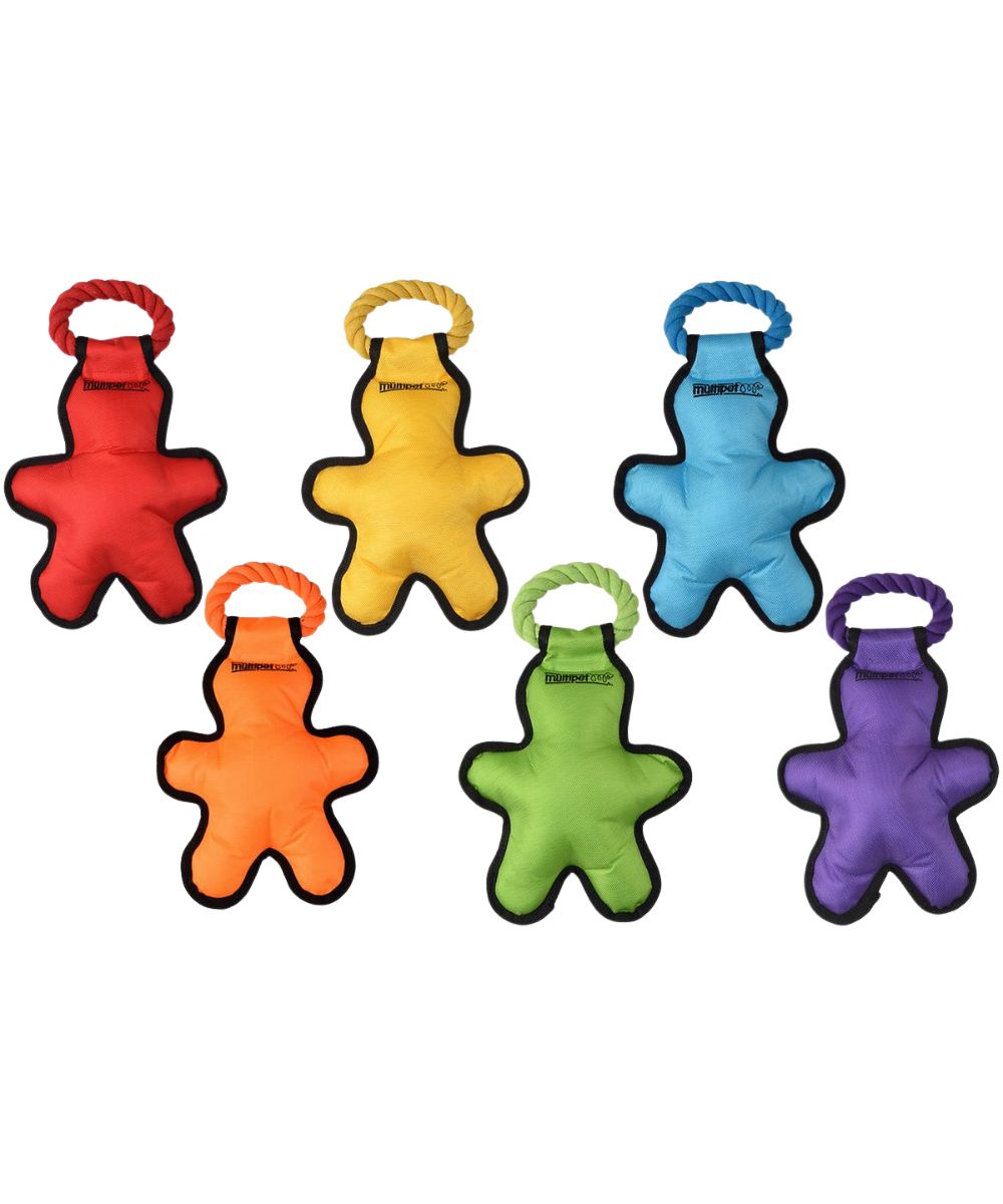 Tuff Enuff Tug 'O Man Dog Toy constructed from durable nylon with a squeaker inside and rope handle, available in assorted colors