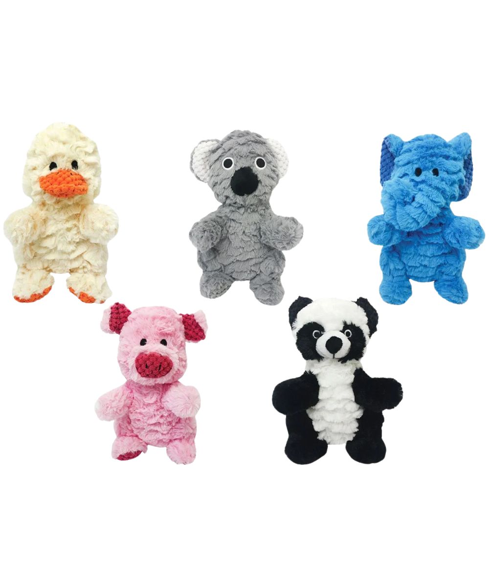 Multipet Wrinkleez 9" assorted animal dog toy made of plush material with a squeaker 