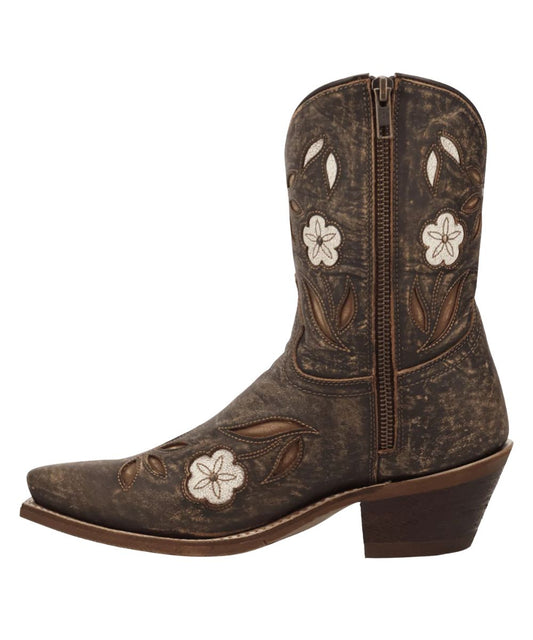 Side view of women's Wild Petal bootie featuring an inside zipper allowing for easy on-and-off wear.