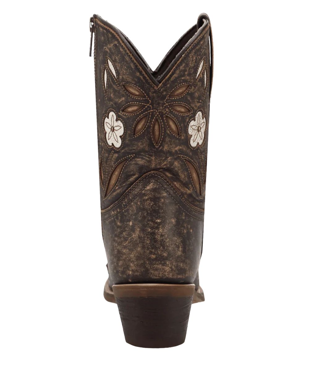 Back view of the Wild Petal bootie featuring a medium cowboy heel, floral overlays, and an 8" shaft.