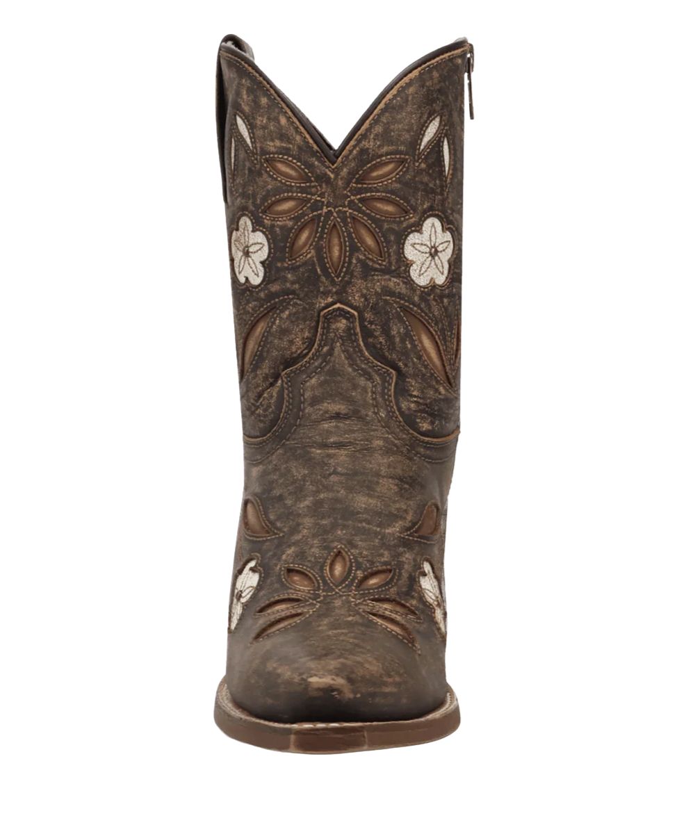 Women's distressed black ankle bootie featuring an outside pull tab, side zip, floral overlays, and cutouts design.