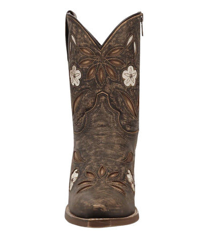 Women's distressed black ankle bootie featuring an outside pull tab, side zip, floral overlays, and cutouts design.