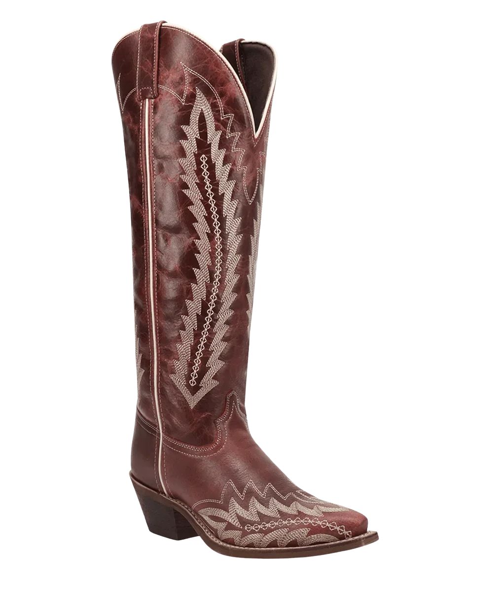 Right angled view of the women's Laredo Red Roxelle Wide Calf Leather Boot featuring the 17" shaft