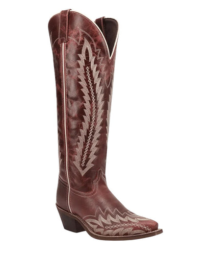 Right angled view of the women's Laredo Red Roxelle Wide Calf Leather Boot featuring the 17" shaft