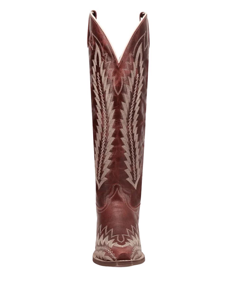 Front view of the women's red leather fashion boot featuring the snip toe