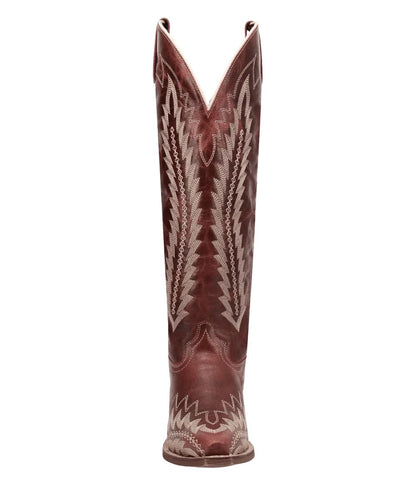 Front view of the women's red leather fashion boot featuring the snip toe