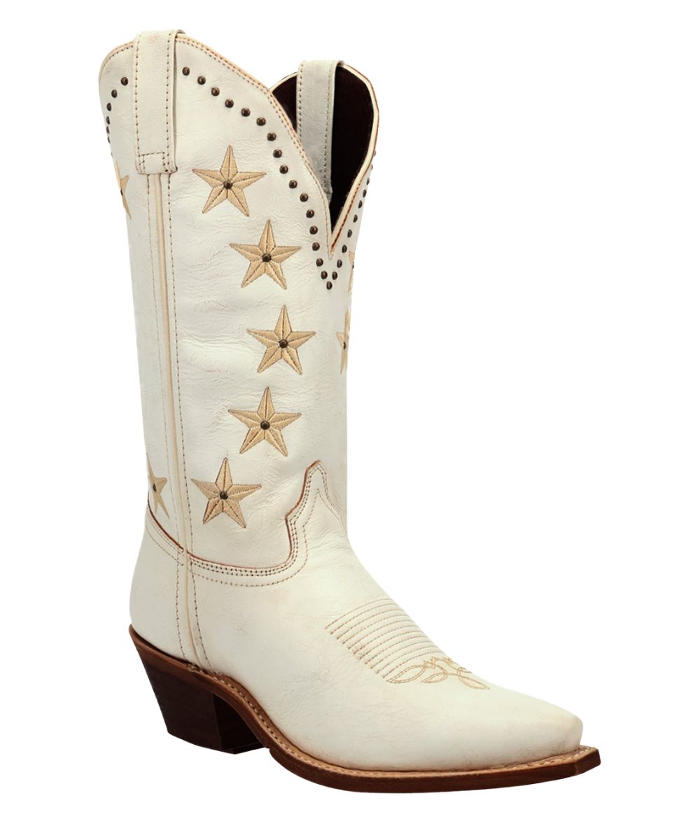 Right angled view of the women's 12" white fashion boot featuring star embroidery and studded accents