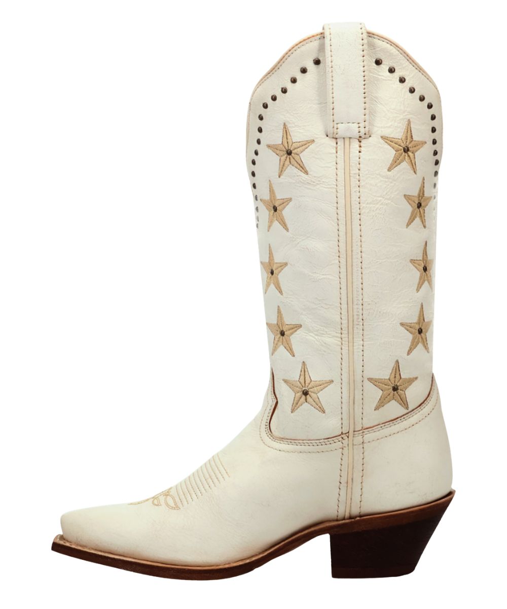 Left side view of the women's 12" white fashion boot featuring a medium cowboy heel