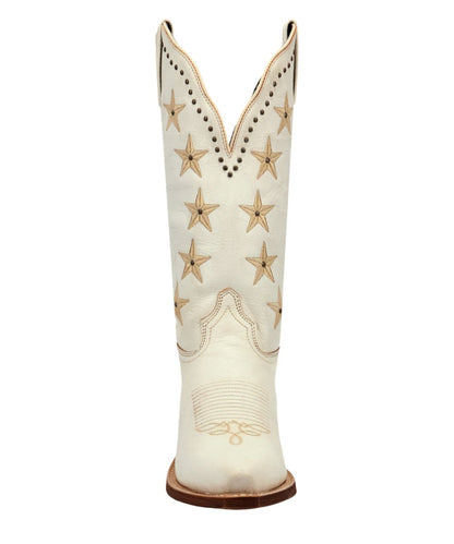 Front facing view of the women's white fashion boot featuring the snip toe