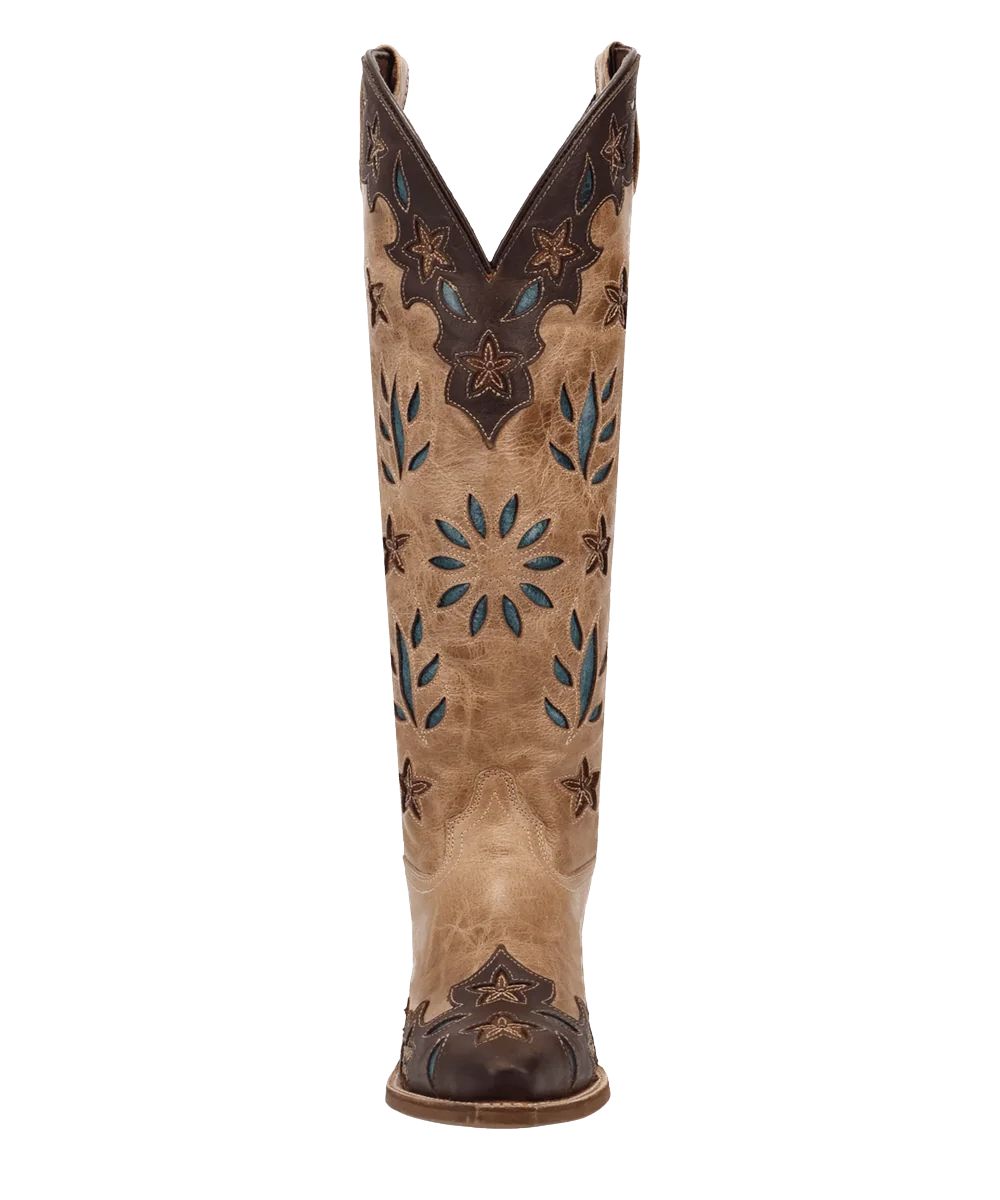 Front view of the women's tan and brown leather fashion boot featuring the refined western profile