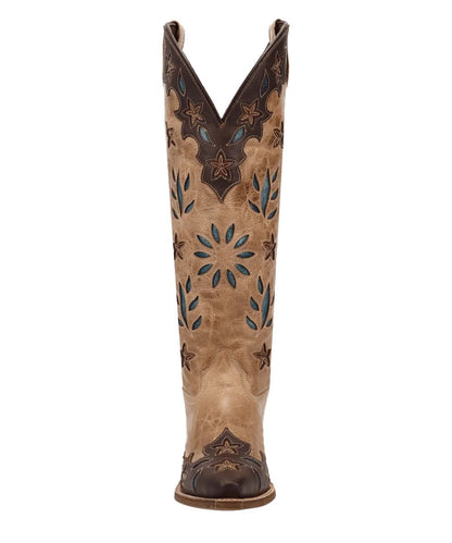 Front view of the women's tan and brown leather fashion boot featuring the refined western profile