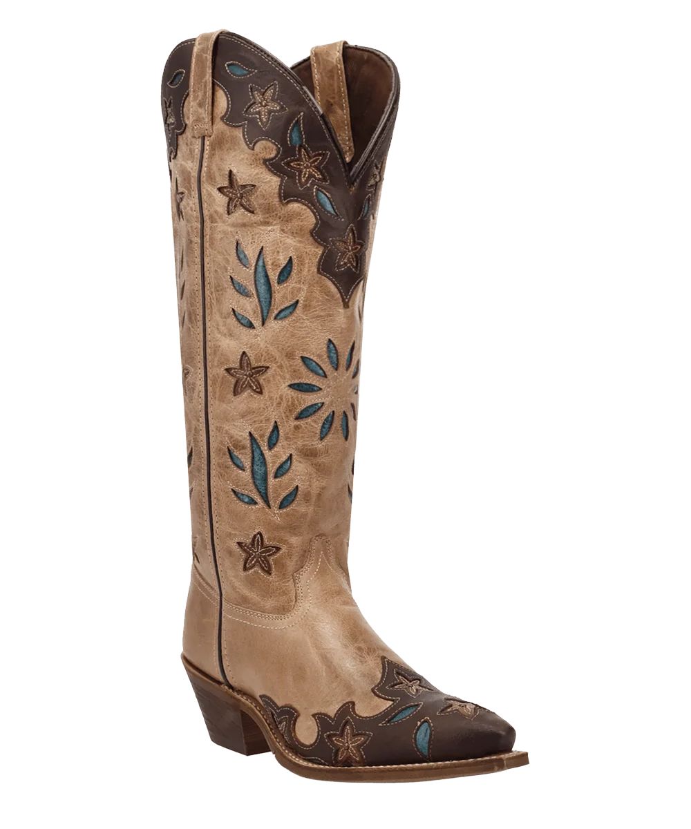 Right angled view of the women's brown Laredo Flourish Leather Fashion Boot featuring the 17" shaft, tan leather upper with brown overlays, turquoise underlays, and floral cutouts