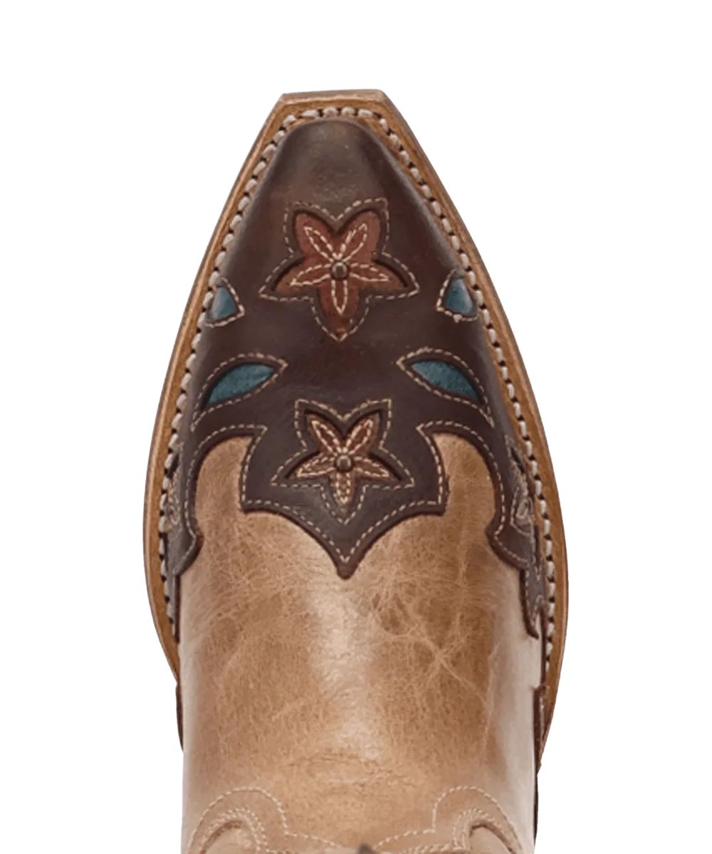 Close-up view of the snip toe, showcasing the bronze studded accents